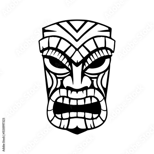 Tiki tribal wooden mask set and Tiki mug. Hawaiian traditional elements. Colored, wooden and black and white silhouette. Vector illustration