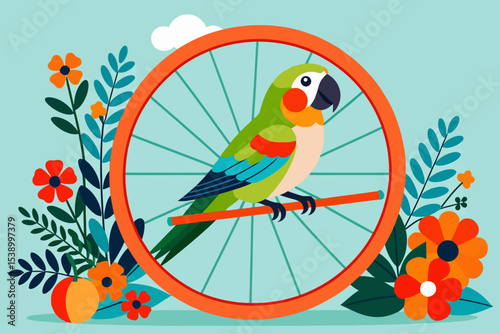 Colorful Parrot Illustration in a Floral Wreath-Tropical Bird Art Print-Cheerful Wall Decor for Kids-Green Parrot with Orange Flowers-Cute Birdie Picture-Whimsical Art for Nursery Decor