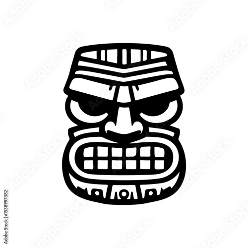 Tiki tribal wooden mask set and Tiki mug. Hawaiian traditional elements. Colored, wooden and black and white silhouette. Vector illustration