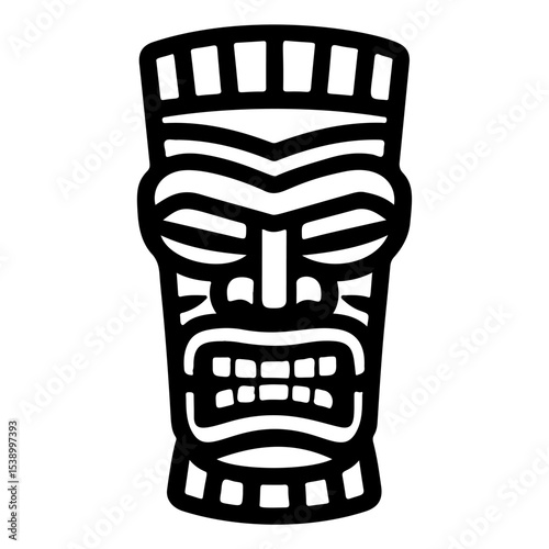 Tiki tribal wooden mask set and Tiki mug. Hawaiian traditional elements. Colored, wooden and black and white silhouette. Vector illustration