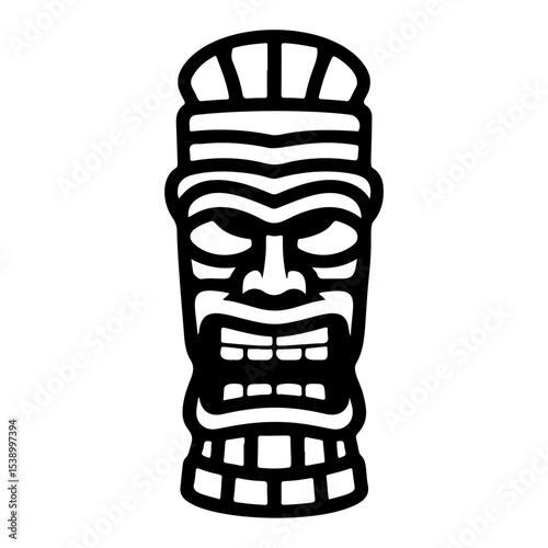Tiki tribal wooden mask set and Tiki mug. Hawaiian traditional elements. Colored, wooden and black and white silhouette. Vector illustration