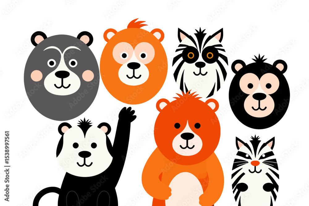 Fototapeta premium Cute Cartoon Animals Illustration-Adorable Bear Clipart-Perfect for Kids-Fun Animal Graphics-Animal-Themed Design Elements-Black Bear-Orange Bear-Skunk-Zebra