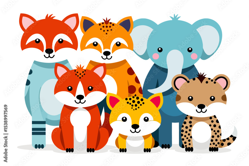 Obraz premium Cute Cartoon Animals - Fox Elephant and Leopard Friends - Colorful Wildlife Illustration for Kids - Fun Animal Graphics - Vector Animal Design