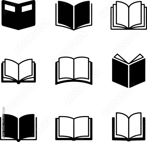 A collection of nine book icons in various open and closed positions in black and white