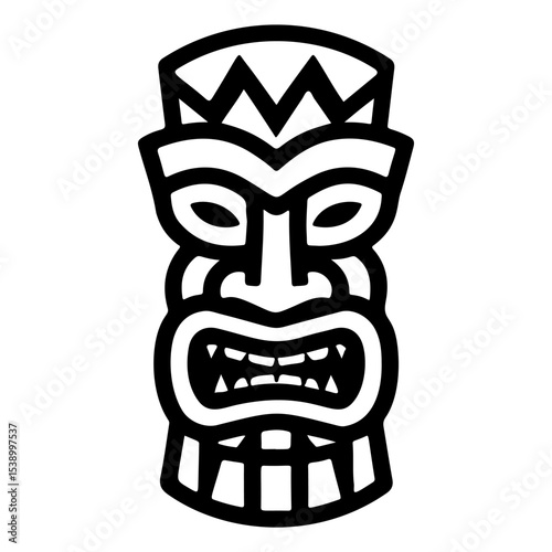Tiki tribal wooden mask set and Tiki mug. Hawaiian traditional elements. Colored, wooden and black and white silhouette. Vector illustration