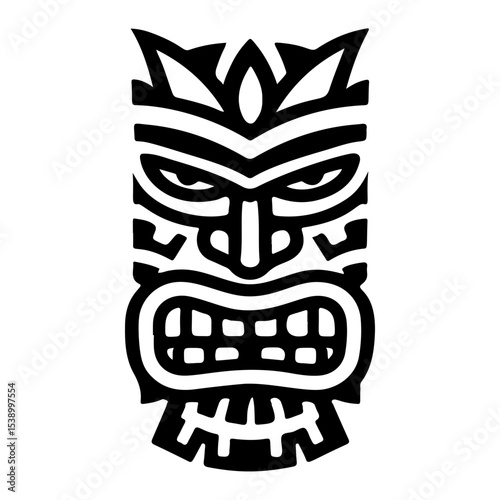 Tiki tribal wooden mask set and Tiki mug. Hawaiian traditional elements. Colored, wooden and black and white silhouette. Vector illustration