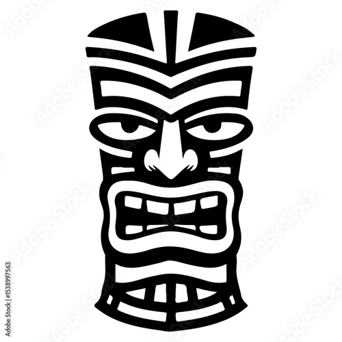 Tiki tribal wooden mask set and Tiki mug. Hawaiian traditional elements. Colored, wooden and black and white silhouette. Vector illustration