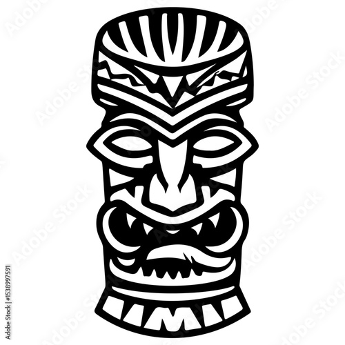 Tiki tribal wooden mask set and Tiki mug. Hawaiian traditional elements. Colored, wooden and black and white silhouette. Vector illustration