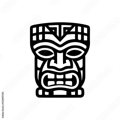 Tiki tribal wooden mask set and Tiki mug. Hawaiian traditional elements. Colored, wooden and black and white silhouette. Vector illustration