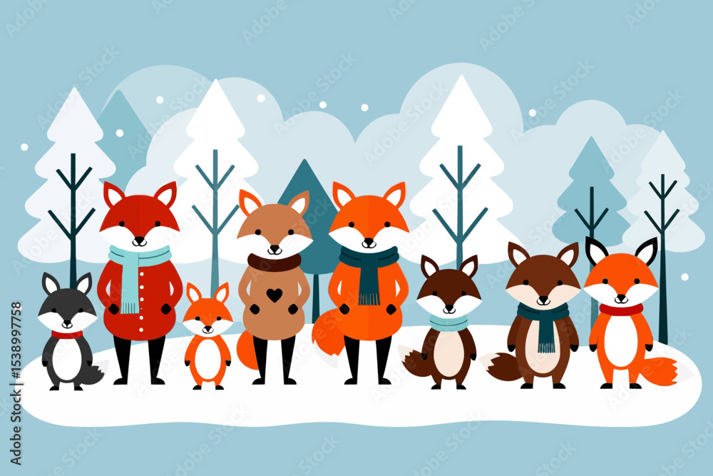 Naklejka premium Cute Cartoon Fox Family in Winter Landscape-Adorable Foxes with Scarves in Snowy Scene-Whimsical Winter Illustration-Festive Fox Design for Kids-Charming Animal Art
