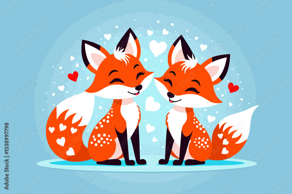Obraz premium Cute Cartoon Foxes in Love- Charming Fox Couple with Hearts- Whimsical Illustration for Valentine's Day or Friendship- Adorable Foxes on Blue Background