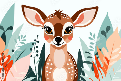 Cute Cartoon Deer Illustration-Adorable Fawn with Big Eyes-Pastel Colors and Floral Background-Perfect for Children's Designs-Wall Art-and Nursery Decor