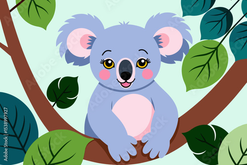 Cute Cartoon Koala Illustration-Adorable Koala Bear on a Branch-Charming Koala Clipart for Kids-Playful Koala Character Design-Animal Illustration for Children