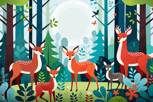 Cute Deer Family in Forest Illustration- Whimsical Woodland Art with Animals- Ideal for Children's Decor- Nature Inspired Graphic Design- Moonlit Scene