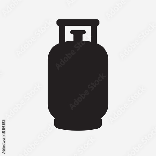 Vector silhouette of a row of five industrial gas cylinders, chained to a wall. The cylinders are slightly different heights. Stark, high-contrast industrial scene, solid black on white, flat design.