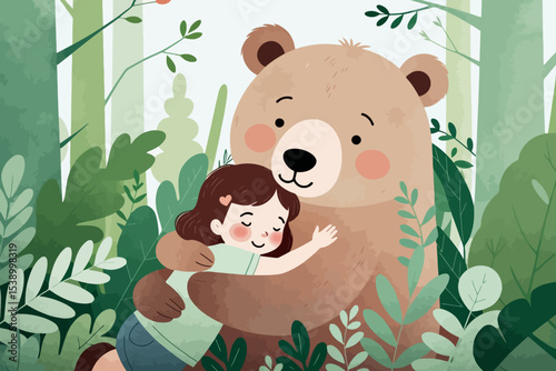 Cute Girl Hugging Bear in Forest Illustration- Adorable Cartoon of Friendship- Children's Book Art- Nature and Animals Theme- Wholesome Image for Kids