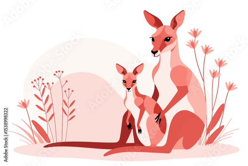 Cute Kangaroo Illustration-Mama Kangaroo and Joey-Australian Wildlife Art-Desert Flowers-Animal Vector Graphics-Kangaroo Clipart-Mother and Baby Animal Image