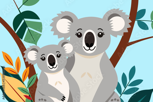 Cute Koala Bears in Tree- Mother and Baby Koala Illustration- Adorable Koalas with Green Leaves- Cartoon Koala Family- Wildlife Art for Kids- Australian Animals Illustration