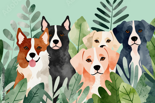 Cute Watercolor Dogs in the Jungle-Adorable Dog Illustration with Tropical Leaves-Perfect for Dog Lovers-Artistic Canine Design-Whimsical Pet Artwork-Unique Dog Breed Portraits