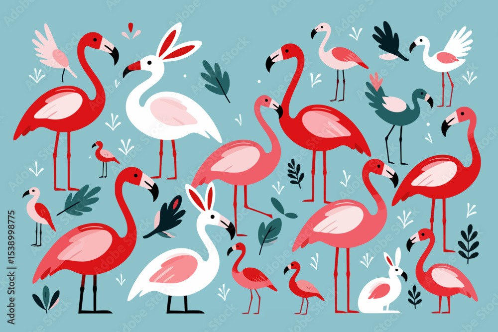 Obraz premium Flamingo Paradise-Whimsical Bird Art on Aqua Background-Cute Animal Illustration-Tropical Wildlife Design-Modern Art Print-Perfect Wall Decor-Flamingo Lover Gift