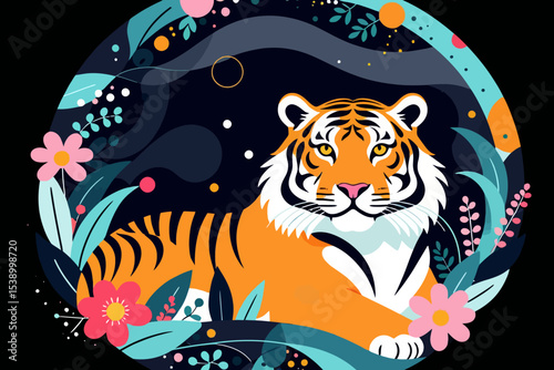 Elegant Tiger Art Illustration-Vibrant Floral Design-Bold Stripes-Jungle Wildlife-Unique Creature-Orange and Black-Modern Graphic Art-Eye Catching Animal-Wildlife Theme