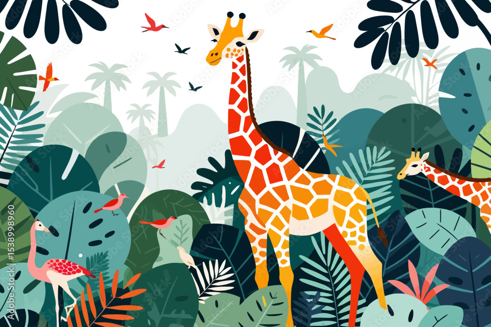 Fototapeta premium Giraffe and Flamingo Jungle Illustration-Tropical Leaves and Birds Art Print-Wildlife Themed Nursery Decor-Safari Animal Graphic Design-Cartoon Giraffes Scene