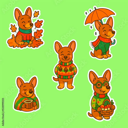 Autumn Dog Stickers Cozy Fall Miniature Pinscher in Sweaters Vector Set