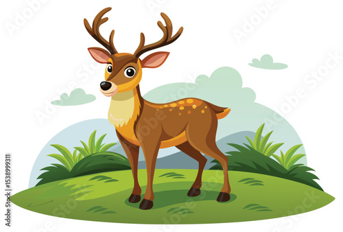 Cute cartoon deer with big antlers standing vector illustration, wildlife animal clipart for coloring