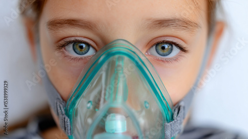 A girl wearing oxygen mask. Respiratory distress, low blood oxygen levels/asthma, COPD, pneumonia, and sleep apnea concept. Science and practice of diagnosing, treating, and preventing disease. 