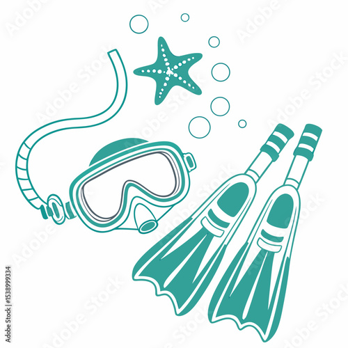 Snorkeling gear including mask, snorkel, fins, and starfish in vibrant illustration