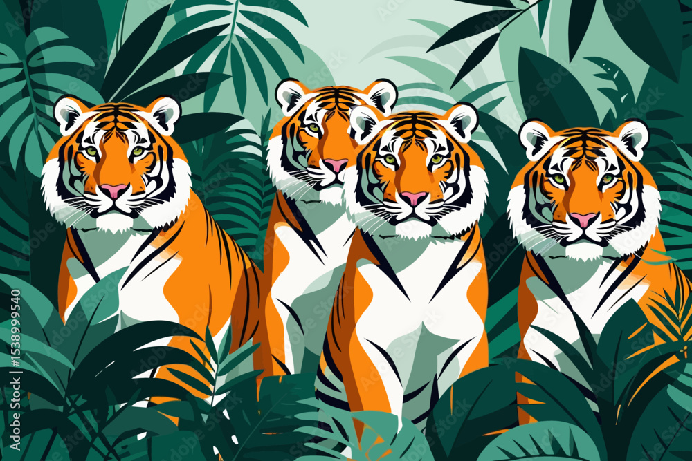 Fototapeta premium Majestic Tigers in Lush Jungle Illustration-Vibrant Orange & Black Stripes-Beautiful Wildlife Art-Explore Nature & Animal Themes-Green Foliage Background