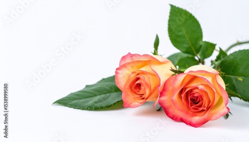 Two peach and coral roses, with green leaves, on white background