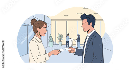 Friendly Conversation in Modern Office Lobby (Flat Vector)

