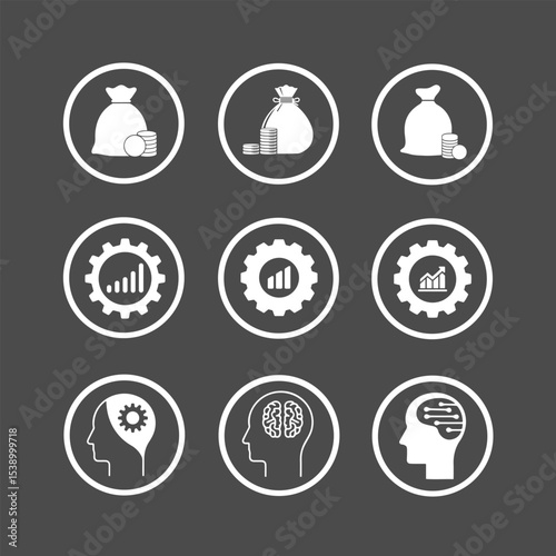 Icon set of bag of money, Upward Trend and Human Brain Icon for creativity