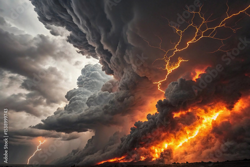 A dramatic scene of fiery energy erupting through dark, stormy clouds