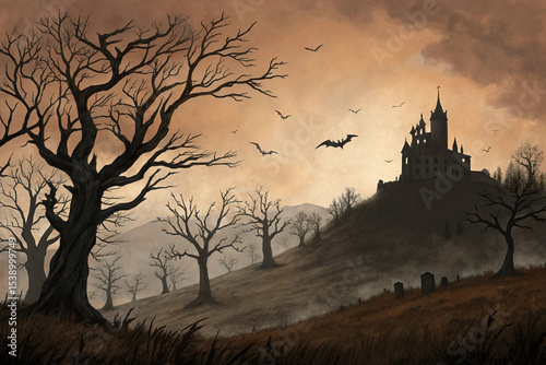 A dark, atmospheric landscape painting