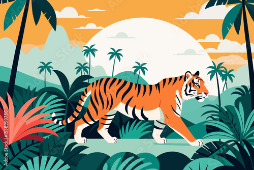 Tiger in Tropical Jungle Illustration-Exotic Wildlife Art-Orange Tiger Graphic-Asian Animal Theme-Modern Nature Artwork-Palm Trees and Tiger Design photo