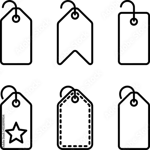 A collection of six black and white outline price tags with different shapes and designs