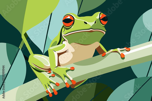 Vibrant Red Eyed Tree Frog Illustration-Stunning Detailed Amphibian Art on a Branch-Eye Catching Wildlife Graphic-Ideal for Nature Lovers and Art Collectors