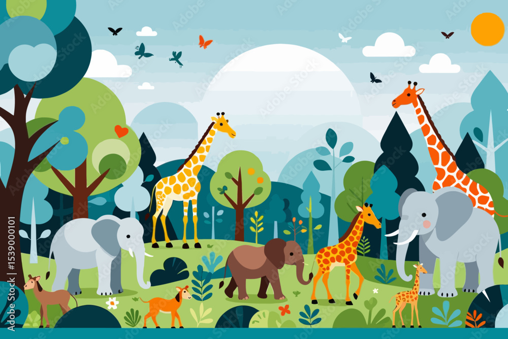 Obraz premium Whimsical Safari Adventure-Colorful Animals in Cartoon Landscape-Giraffes Elephants and Deer Enjoying a Sunny Day-Fun Nature Illustration for Kids-Wildlife Art