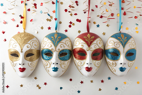 Four Venetian-style masquerade masks are displayed against a white background