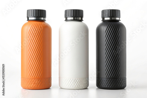 Three matte-finish water bottles are arranged horizontally