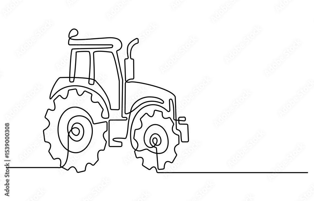 Naklejka premium Tractor, one line continuous. Line art outline vector illustration of farm transport, Continuous line art or One Line drawing of tractor for vector illustration, business transportation.
