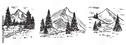 Three mountains landscape with evergreen trees as concept of tourism in black brush stroke texture isolated on white. Hand drawn vector sketch illustration in vintage charcoal ink. Hiking