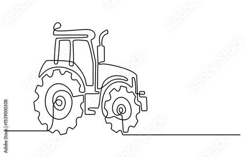 Tractor, one line continuous. Line art outline vector illustration of farm transport, Continuous line art or One Line drawing of tractor for vector illustration, business transportation.