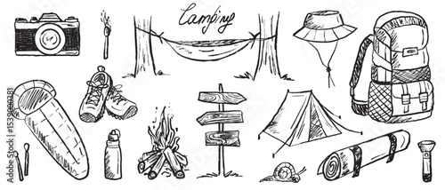 Camping equipment in black brush stroke texture isolated on white. Hand drawn vector sketch illustration in vintage charcoal ink. Tourist kit - sleeping bag, tent, hammock, backpack, bonfire