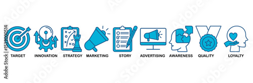 Branding icon set vector illustration concept with icon of target, innovation, strategy, marketing, story, advertising, awareness, quality and loyalty