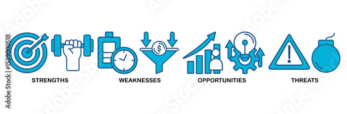 SWOT icon set vector illustration concept for strengths, weaknesses, threats and opportunities analysis with an icon of value, goal, break chain, low battery, growth, check, and crisis