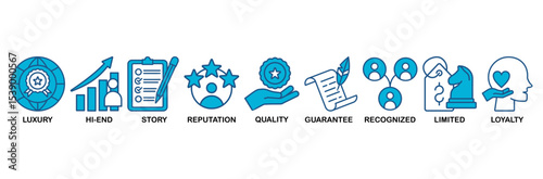 Super brand icon set vector illustration concept with icon of luxury, hi-end, story, reputation, quality, guarantee, recognized, limited and loyalty