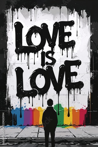 Modern LGBTQ+ street art mural with 'LOVE IS LOVE' graffiti in bold black paint, rainbow pride stripes beneath, and solitary person silhouette. Symbolic public art for equality, protest, and pride.